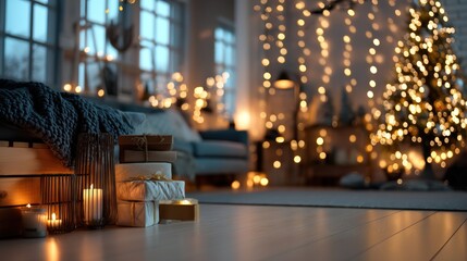A Christmas tree is lit up in a room with a blanket on the floor