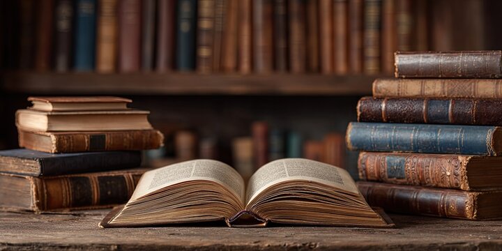 Close-up of old books a stack, a open book, and many more books stacked in background