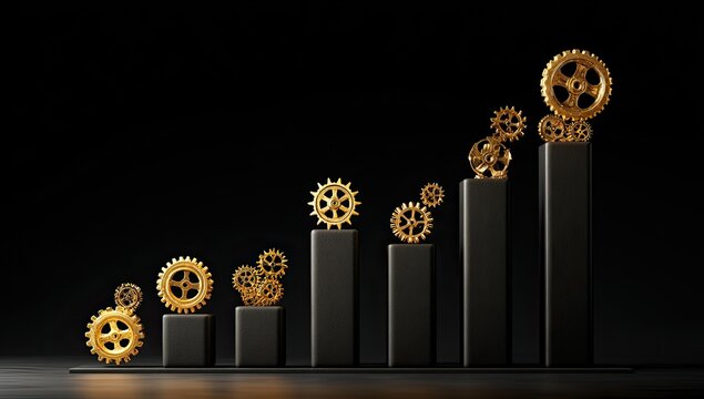 Golden gears ascend dark, rectangular pillars, forming a visual representation of upward growth