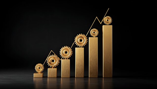 Gold bars ascending, linked with gears, forming a rising trend on a black backdrop