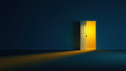 An open door bathed in yellow light contrasts against the dark blue wall and floor
