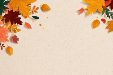 Autumn-themed illustration with colorful cut-out leaves on a neutral-toned background