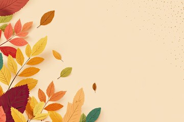 Autumn leaves frame a cream backdrop. Warm colors cascade from the left, with scattered golden specks