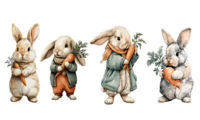 Set of cute watercolor rabbits with carrots on a white background