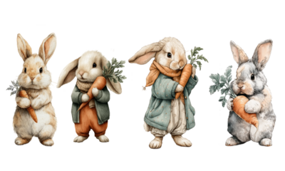 Set of cute watercolor rabbits with carrots on a white background