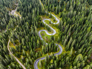 Beautiful mountain road in the forests of the Dolomites, Italy. Winding road in the Giau pass. Passo Giau serpentine. Famous road with many curves in the Dolomites mountains. Top view. Drone shot.