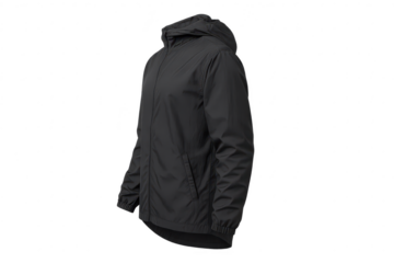 Modern black hooded windbreaker jacket isolated on transparent background
