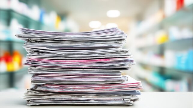 A stack of precisely folded pharmaceutical leaflets on display