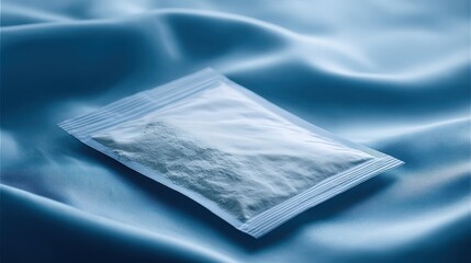 Clear sachet of white powder medication displayed on fabric