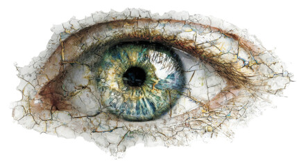 Surreal cracked human eye closeup artwork with iris detail, creative abstract art design concept symbolizing vision fragility aging and awareness on white background 