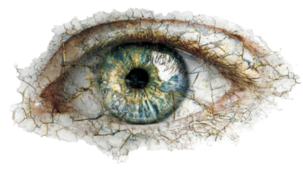 Surreal cracked human eye closeup artwork with iris detail, creative abstract art design concept symbolizing vision fragility aging and awareness on white background 