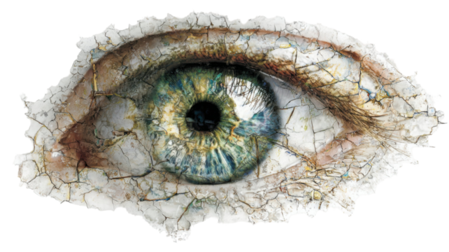 Surreal cracked human eye closeup artwork with iris detail, creative abstract art design concept symbolizing vision fragility aging and awareness on white background 
