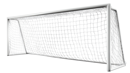 Empty football soccer goal with white metal frame and net isolated on white background, sports equipment for stadium training match game