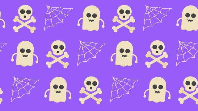 Cute halloween seamless pattern with ghost, skulls and spiderwebs icon in a cartoon animation. Repeating background of spooky tileable wallpaper design. Trick or treat decorative backdrop looping.