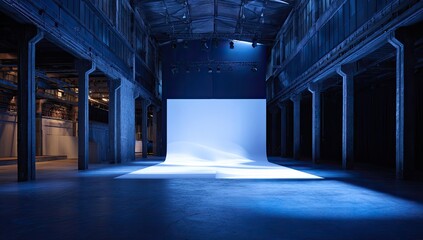 Wide interior shot of a large, empty industrial space bathed in blue light, with a backdrop
