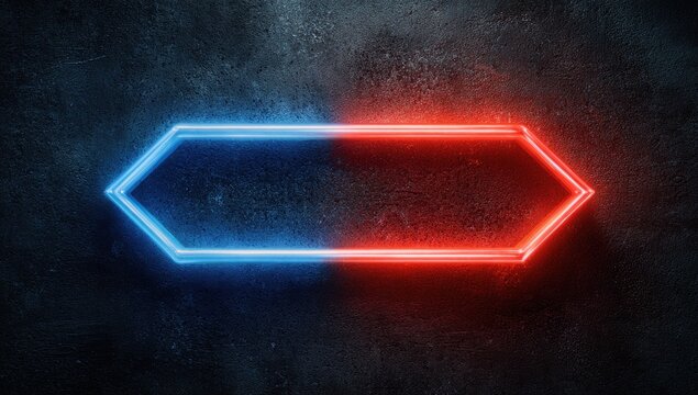 Hexagonal, dual-colored neon sign against a textured, dark background
