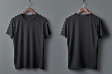 Front and back view of a plain black crew neck t-shirt hanging on a wooden hanger