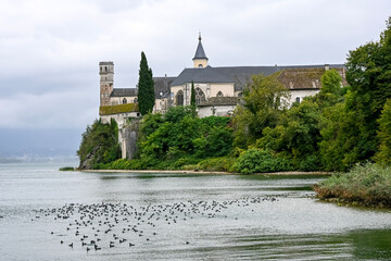 Fototapeta premium A scenic view of the Abbaye d’Hautecombe overlooking Lake Bourget in France, with its historic architecture surrounded by lush greenery and waterfowl on the lake
