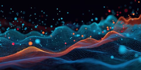 Abstract digital illustration of layered undulating terrain with glowing dots and lines