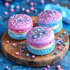 Fototapeta premium Colorful macarons with sprinkles on wood board bakery sweet treats concept