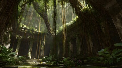 Lush green foliage and cascading vines drape from the ruins' ceiling, creating a dramatic interplay of light and shadow.