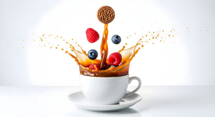 Coffee splash with berries and honey spoon