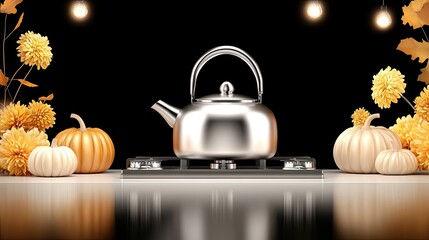 This modern kitchen exudes warmth with autumn decorations, including vibrant pumpkins and flowers, complemented by a garland of lights and a black kettle