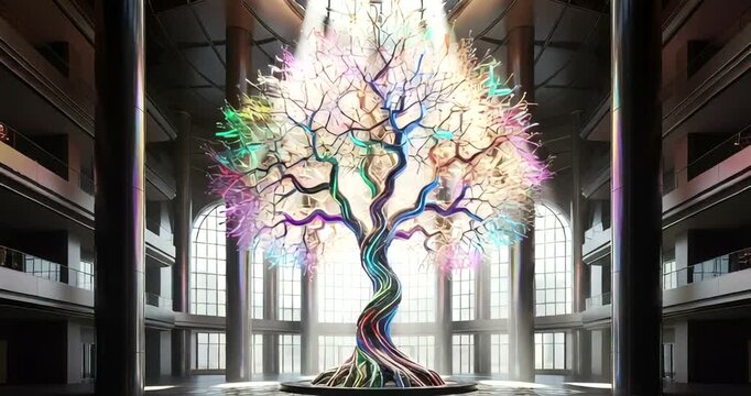 Colorful tree sculpture illuminated by sunlight in a modern atrium space