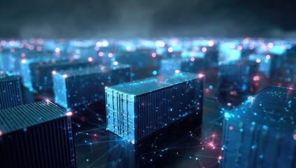 Digital rendering showcasing rows of cargo containers with glowing digital connection nodes
