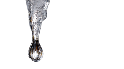 Close up natural icicle with frozen water drop detail isolated on white background, winter cold weather concept nature ice formation