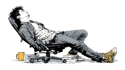 Tired man sleeping in office chair illustration, casual young adult resting with books and coffee mug, workplace exhaustion fatigue concept drawing on white background 