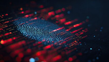 Close-up of digital fingerprint in blue with scattered red data points, indicating cybersecurity