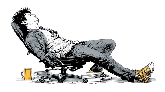 Tired man sleeping in office chair illustration, casual young adult resting with books and coffee mug, workplace exhaustion fatigue concept drawing on white background 
