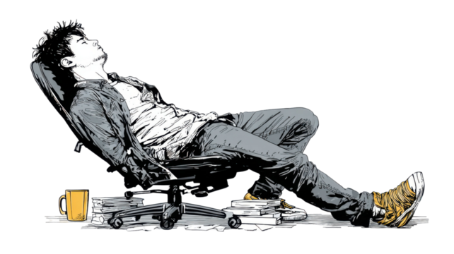 Tired man sleeping in office chair illustration, casual young adult resting with books and coffee mug, workplace exhaustion fatigue concept drawing on white background 