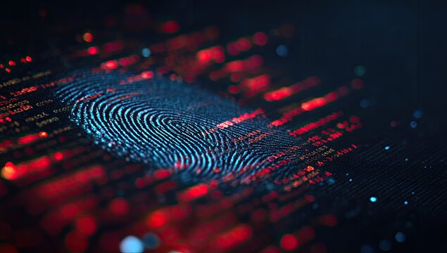 Close-up of digital fingerprint in blue with scattered red data points, indicating cybersecurity