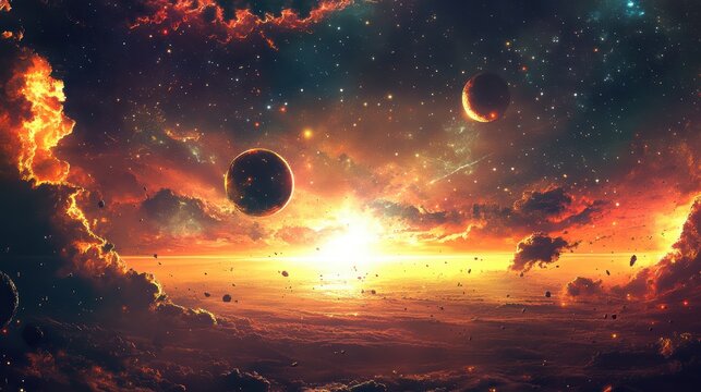 Celestial landscape showing bright sunset and cosmic objects