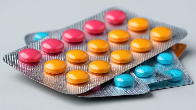 Close up of a blister pack filled with colorful pills