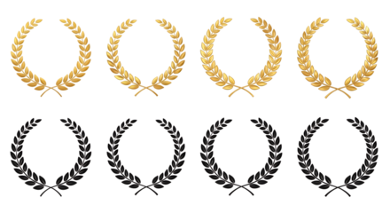 Collection of golden and black laurel wreaths isolated on transparent background