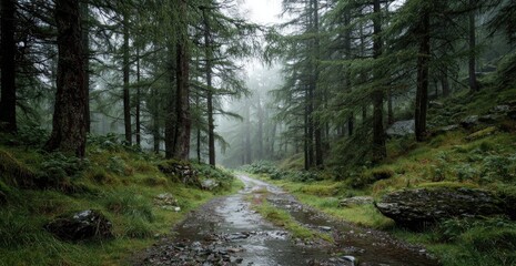 Obraz premium A misty, verdant forest path winds through tall trees on a rainy, overcast day