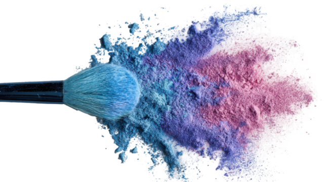Close up colorful makeup brush with scattered crushed powder cosmetics in blue pink purple shades, beauty product background for fashion on white background  - Powered by Adobe