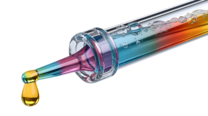 Close up laboratory pipette with colorful liquid drop, scientific experiment glass tool for chemistry research, analysis and innovation concept on white background 