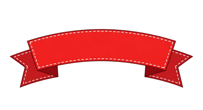 Red ribbon banner with stitched edges isolated on transparent background