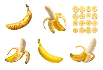 Banana PNG Pack including peeled, sliced, and whole bananas in various positions, isolated on transparent background for tropical food, health, and design projects.