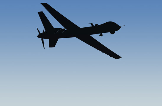 Silhouette of an American strike and reconnaissance unmanned aerial vehicle against a blue sky. Aerial reconnaissance using UAVs. Military unmanned aircraft