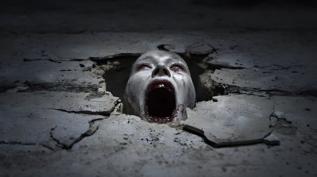 The horrifying, realistic image depicts a screaming human face, emerging from a broken concrete wall, creating a chilling and ominous atmosphere.