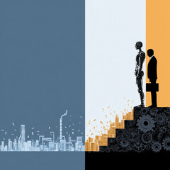 an AI robot and a human is standing side by side as partners