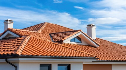 A sleek white house roof features neatly placed chimneys against a vibrant blue sky, exemplifying modern architecture and construction technique in a tranquil setting