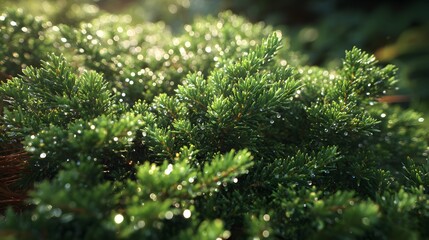 view showcases vibrant green coniferous foliage, highlighted by glistening water droplets under soft sunlight, creating a natural and refreshing outdoor environment with a bokeh effect in the...