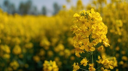 Obraz premium A single bright yellow flower rises prominently among a sea of similar blossoms in a sunny field, creating a stunning natural display.