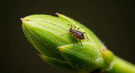 Naklejka premium Aphid on a green flower bud against a dark background 